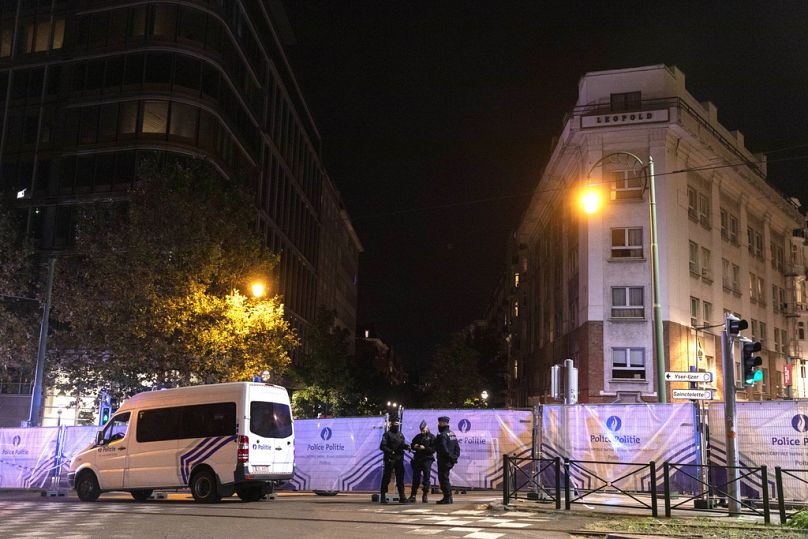 Police cordon off an area where a shooting took place in the center of Brussels, Monday, Oct. 16, 2023. Belgian police say that two people are dead in central Brussels after s