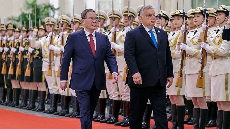 Hungarian Prime Minister Viktor Orbán and his Chinese counterpart Li Qiang in Beijing, on Oct. 16, 2023.