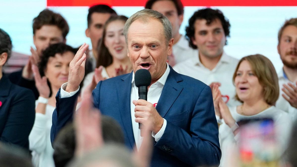 FILE - Donald Tusk, a former Polish prime minister addresses supporters at his party headquarters in Warsaw, Poland, Sunday, Oct. 15, 2023. 