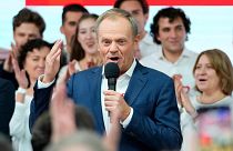 FILE - Donald Tusk, a former Polish prime minister addresses supporters at his party headquarters in Warsaw, Poland, Sunday, Oct. 15, 2023. 