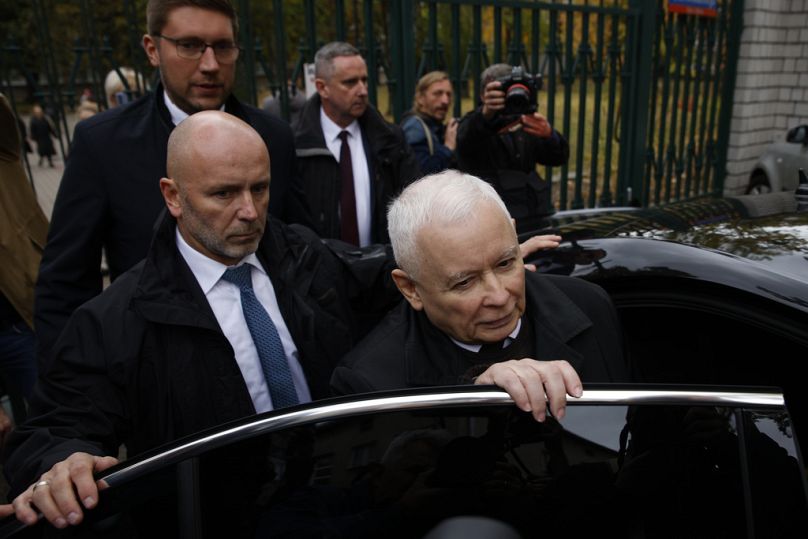 FILE - Poland's conservative ruling Law and Justice party leader Jaroslaw Kaczynski gets in a car after voting during parliamentary elections in Warsaw, 15 October 2023