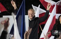 Poland's main opposition leader Donald Tusk speaks to supporters after taking part in an electoral debate in Warsaw, Poland, Monday, Oct. 9, 2023.