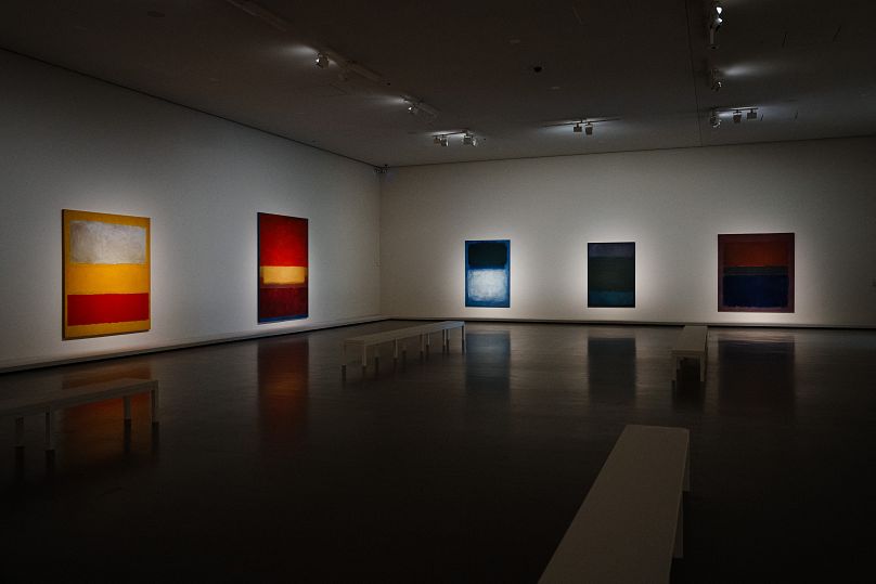 Paintings by US artist Mark Rothko are displayed at the exhibition dedicated to his works at the Fondation Louis Vuitton in Paris on 13 October, 2023.