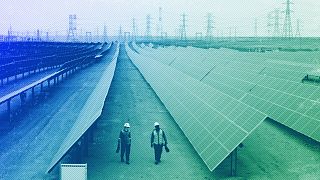 Engineers walk next to solar panels at Benban Solar Park in Aswan, Egypt, October 2022