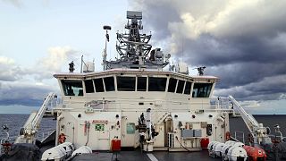 FILE: Finnish Border Guard's offshore vessel Turva on patrol at sea, Tuesday, Oct. 10, 2023 near damaged Balticconnector gas pipeline, Gulf of Finland, 10 October 2023