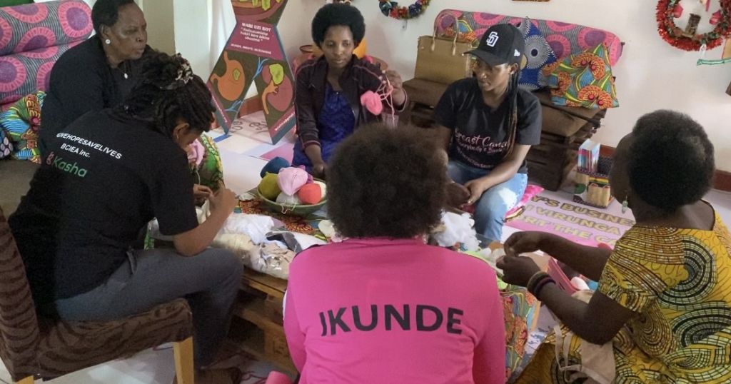 Knitted knockers Rwanda by breast cancer survivors