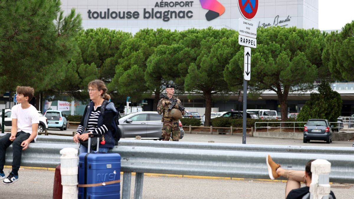 A French soldier patrols at the Toulouse-Blagnac Airport in Blagnac, southwestern France, on October 18, 2023
