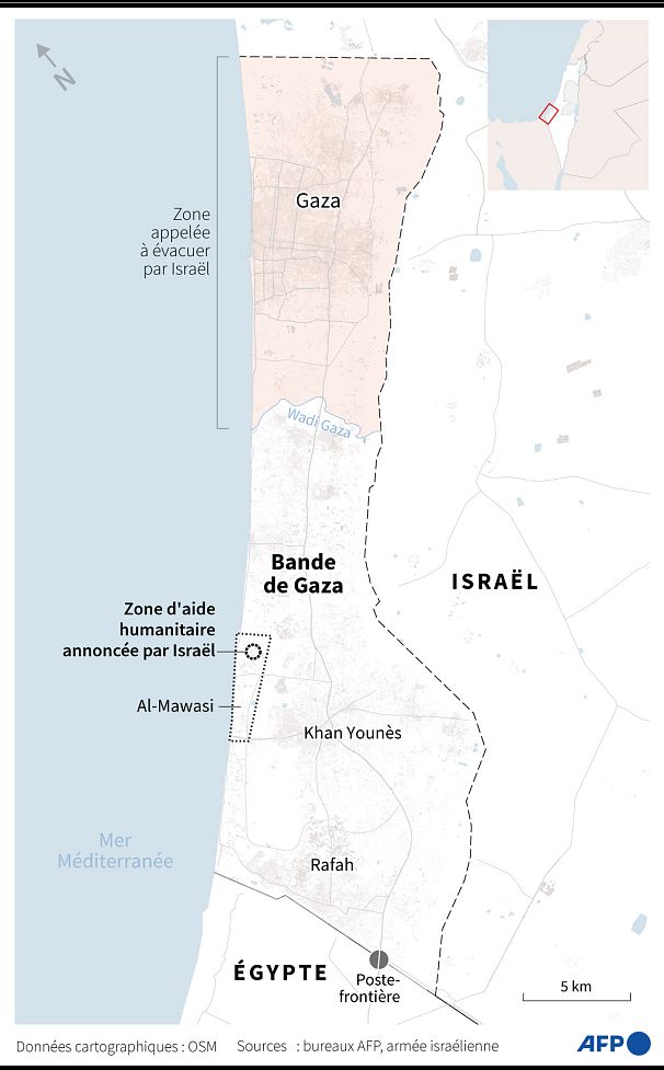 Carte de la bande de Gaza montrant la zone que l'armée israélienne a ordonné aux habitants d'évacuer, et la zone d'aide humanitaire annoncée par l'armée israélienne