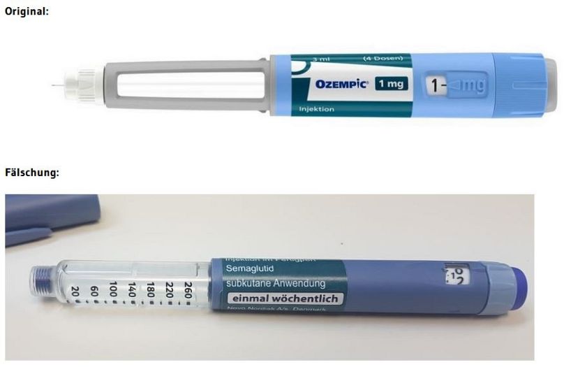 Images of the original Ozempic pen (top) and counterfeit one (bottom).