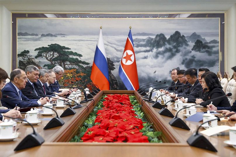Russian Foreign Minister Sergey Lavrov, left, and North Korean Foreign Minister Choe Son Hui, right, attend the talks in Pyongyang.