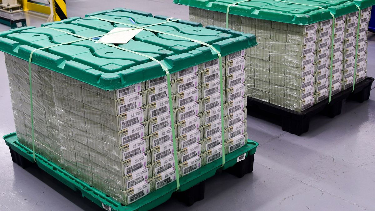 Freshly printed, bundled and packaged money sits ready for shippment to the Federal Reserve at the US Treasury's Bureau of Engraving and Printing in Washington, DC.