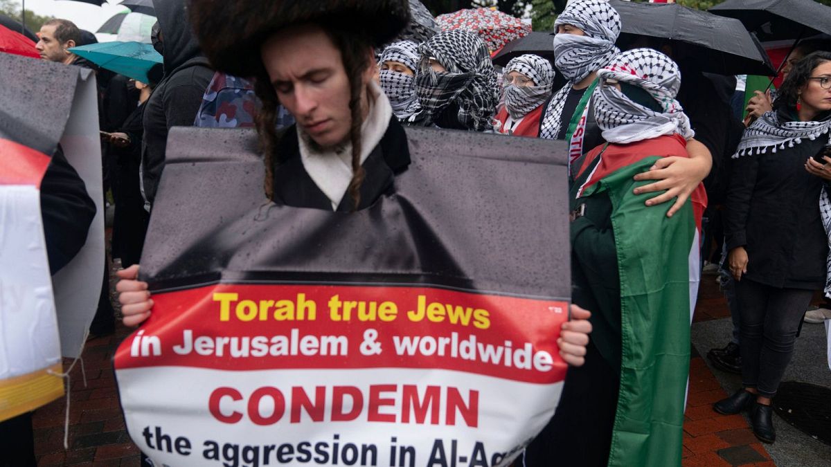 یک یهودی در تجمع بیرون کاخ سفید در حمایت از مردم فلسطینی به تاریخ ۱۴ اکتبر ۲۰۲۳