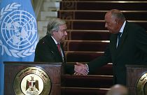 Secretário-Geral da ONU, António Guterres e o chefe da Diplomacia do Egipto, Sameh Shoukry