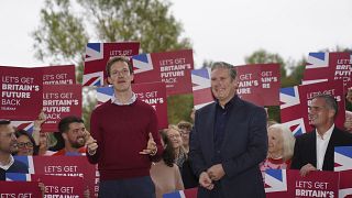 Newly elected Labour MP Alistair Strathern, left, stands with Labour Party leader Sir Keir Starmer at the Forest Centre after winning the Mid Bedfordshire by-election