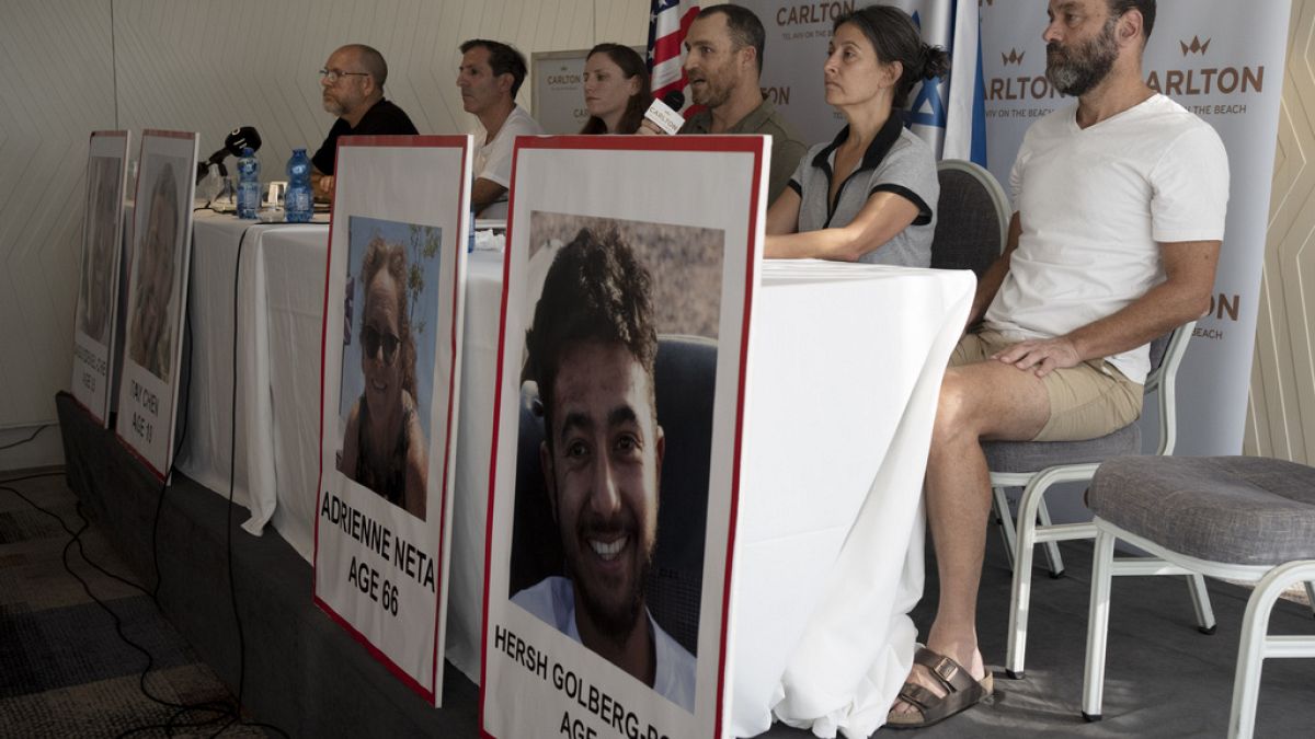 FILE - Relatives of U.S. citizens held hostage by Hamas militants attend a news conference on Oct. 10, 2023 in Tel Aviv, Israel