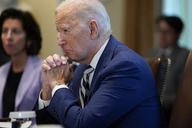President Joe Biden listens as he meets with European Council President Charles Michel and European Commission President Ursula von der Leyen at the White House, Oct. 20, 2023