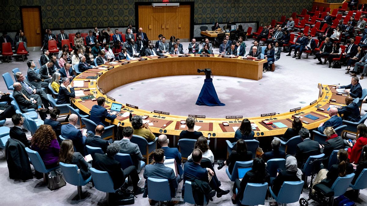 ریاض منصور، سفیر فلسطین در سازمان ملل، پس زمینه سمت راست، برای اعضای شورای امنیت سازمان ملل در مقر سازمان ملل متحد سخنرانی می کند.