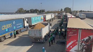 Camiones con ayuda humanitaria en la frontera entre Gaza y Egipto