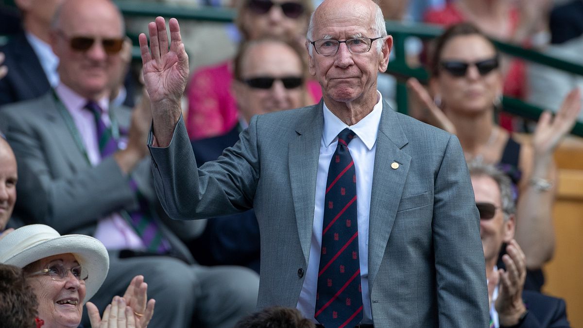 Bobby Charlton is introduced to the crowd on Centre Court during 2018's Wimbledon tournament