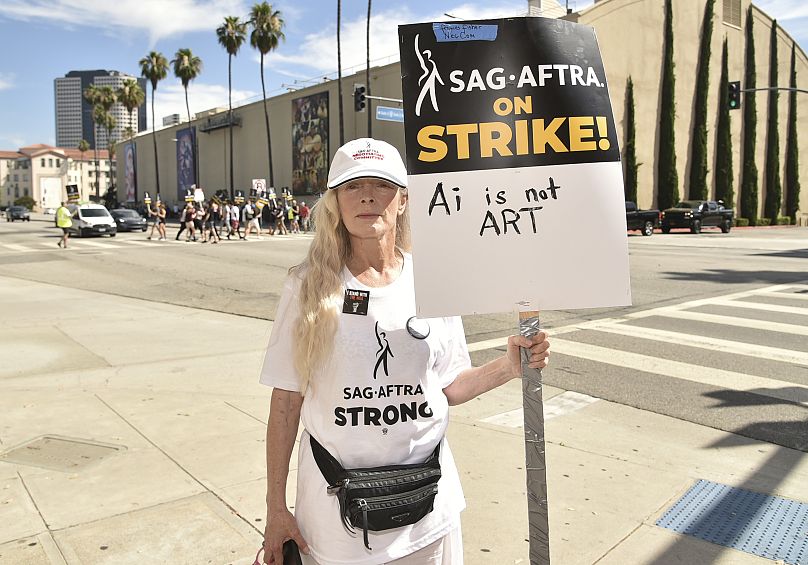 Frances Fisher appears on a picket line outside Warner Bros. studios on Wednesday, July 26, 2023, in Burbank, Calif.
