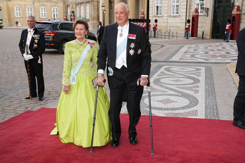 Norway's King Harald and Queen Sonja arrive to the dinner at Amalienborg Castle in Copenhagen, Thursday June 15, 2023.