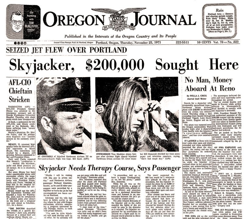 Az Oregon Journal címoldala 1971. november 25-én