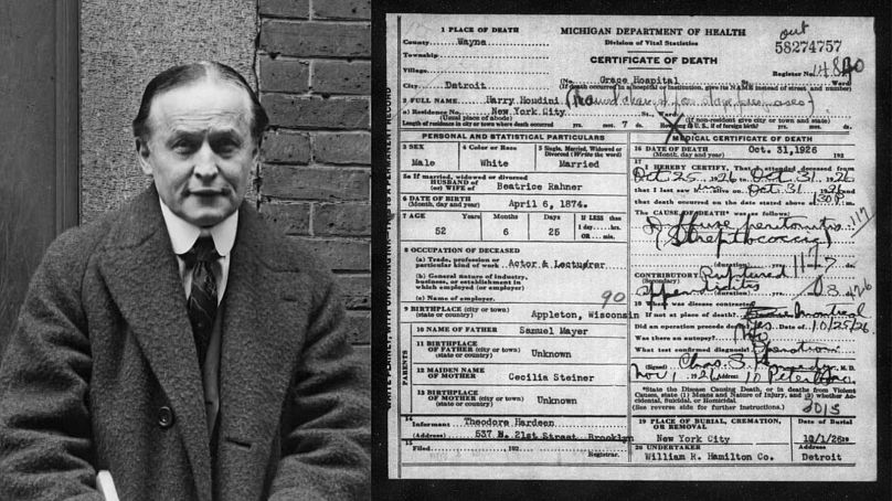 Harry Houdini circa 1925 - on right: his death certificate