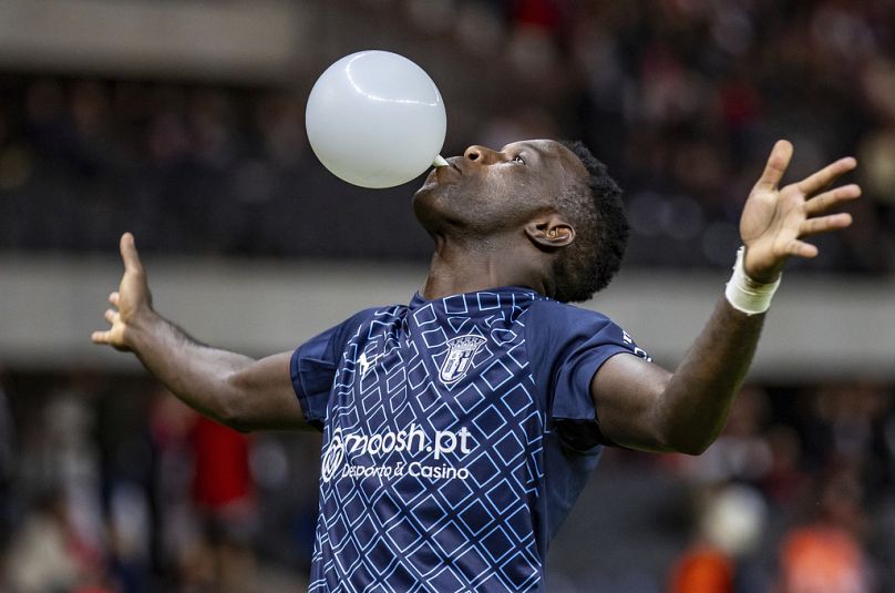 Braga's Bruma celebrates after scoring his side's second goal during the Champions League Group C soccer match between 1. FC Union Berlin and SC Braga in Berlin, Germany.