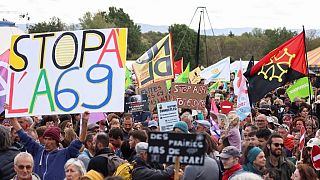  Екологични деятели стачкуват против препоръчаната автомагистрала A69 в Южна Франция в събота. 