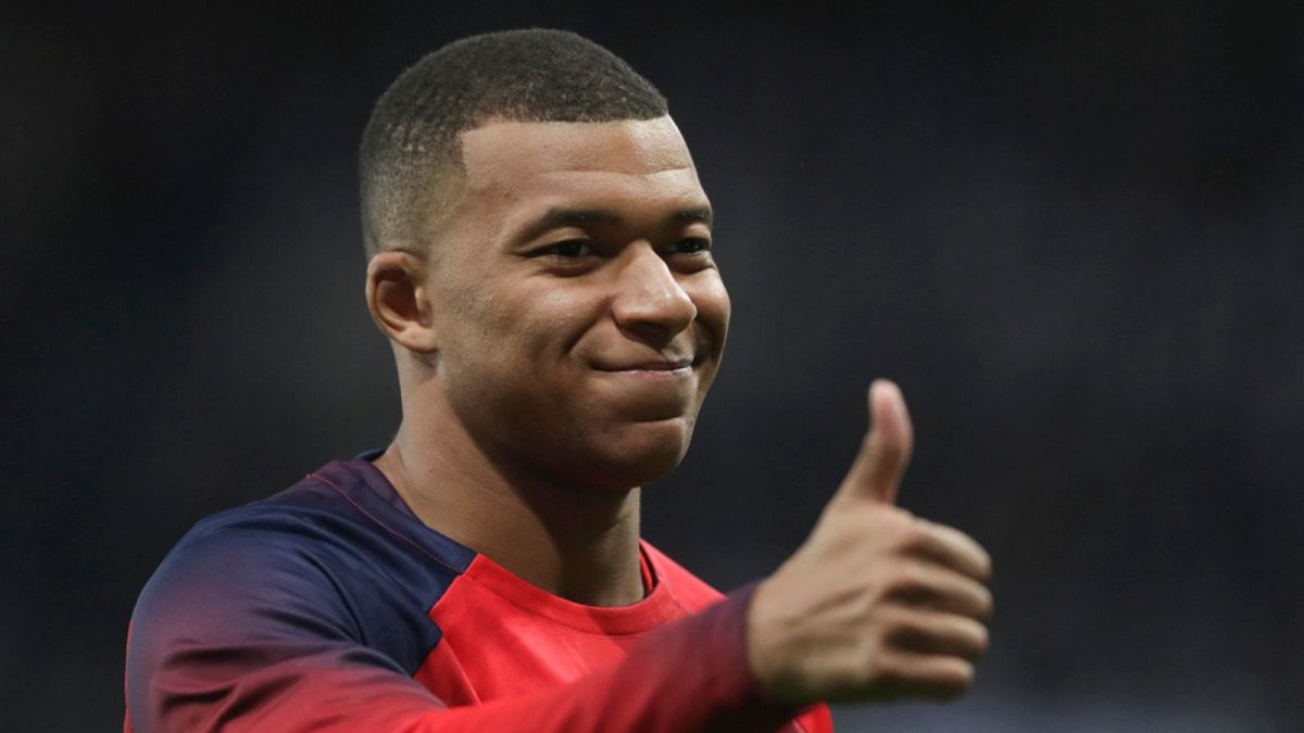 PSG's Kylian Mbappe gives the thumbs up before the start of a Champions League match earlier this month.