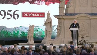 Hungarian Prime Minister Viktor Orban giving a speech on 1956 anti-Soviet uprising anniversary on October 23, 2023.