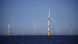 Wind turbines at the Saint-Nazaire offshore wind farm, off the coast of the Guerande peninsula in western France