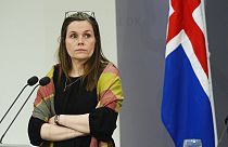 Katrin Jakobsdottir izlandi kormányfő egy koppenhágai sajtótájékoztatón 2022. május 4-én