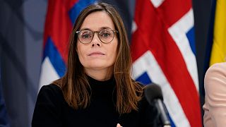 Katrin Jakobsdottir, Prime Minister of Iceland listens during a press conference at the Prime Ministers Office, duing a Nordic Council session, in Copenhagen, Wednesday, Nov. 