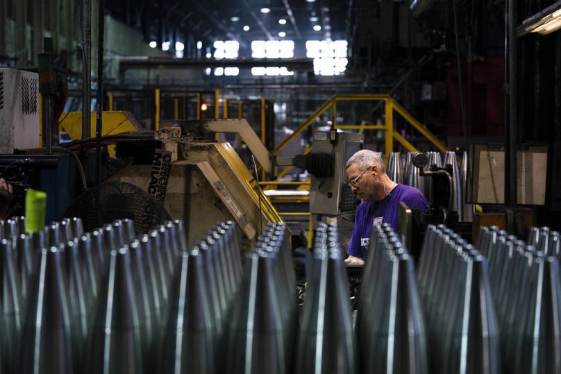 A steel worker manufactures 155 mm M795 artillery projectiles at the Scranton Army Ammunition Plant in Scranton, PA, May 2023