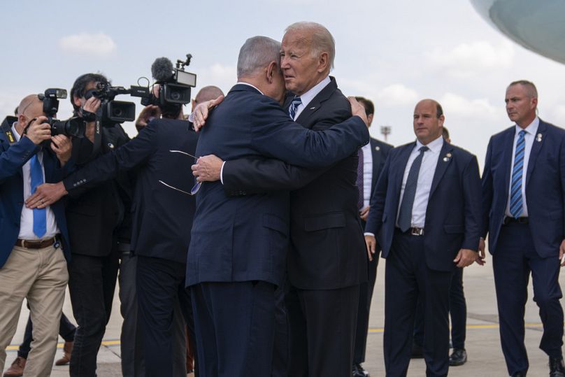 President Joe Biden is greeted by Israeli Prime Minister Benjamin Netanyahu after arriving at Ben Gurion International Airport, October 2023