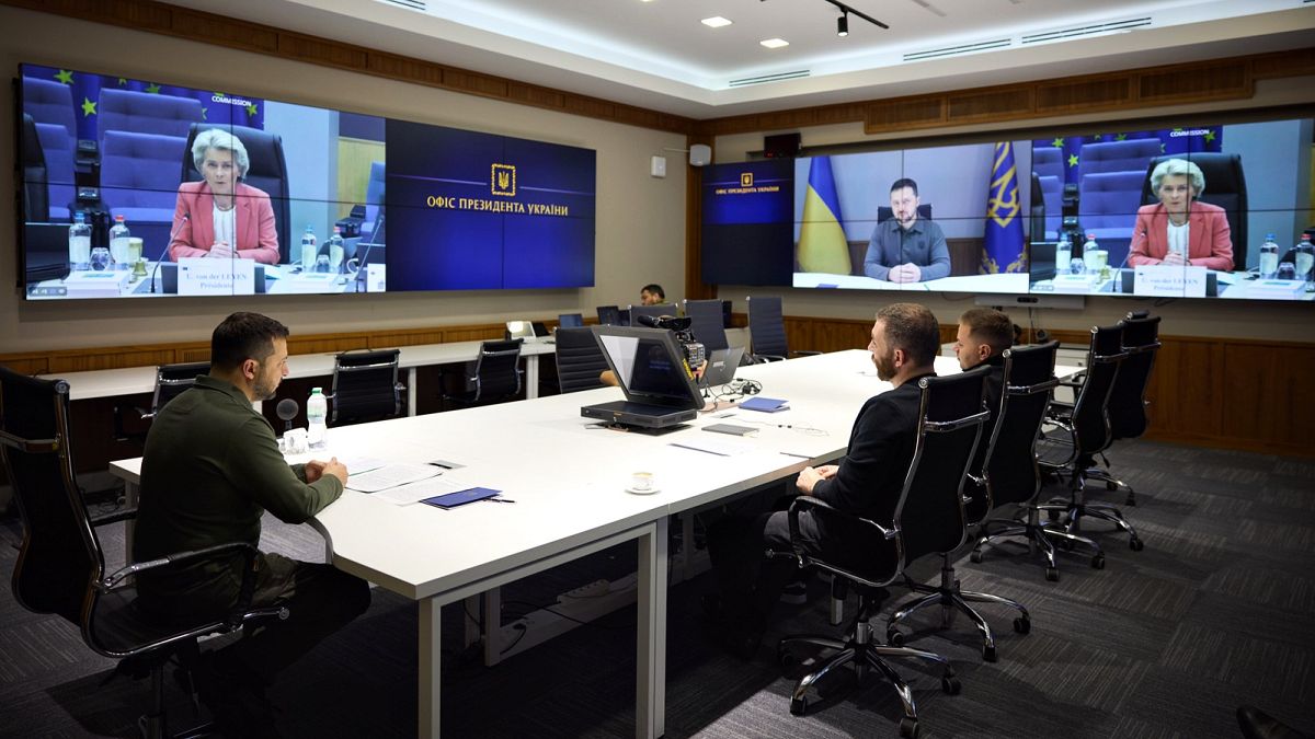 Der ukrainische Präsident Volodymyr Zelenskyy hielt am Dienstagmorgen eine Fernrede vor dem Kollegium der EU-Kommissare.