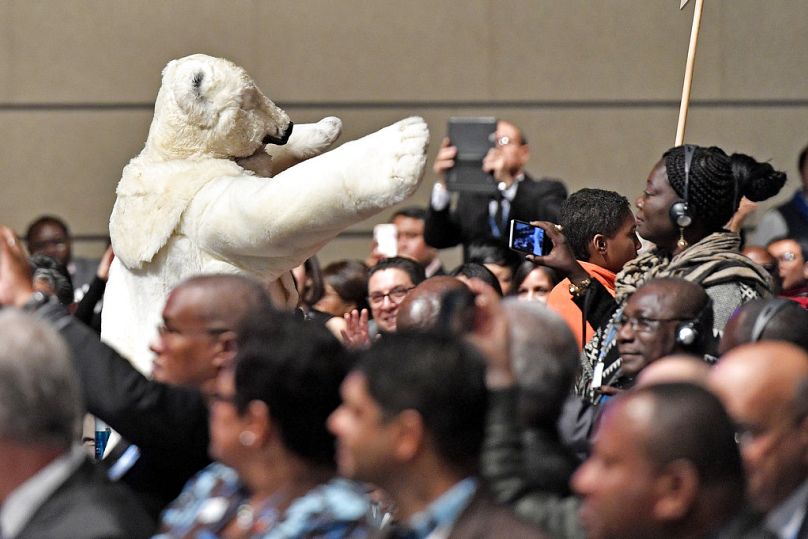 A man in a polar bear costume walks between the delegates during the opening of the COP 23 Fiji UN Climate Change Conference in Bonn, November 2017