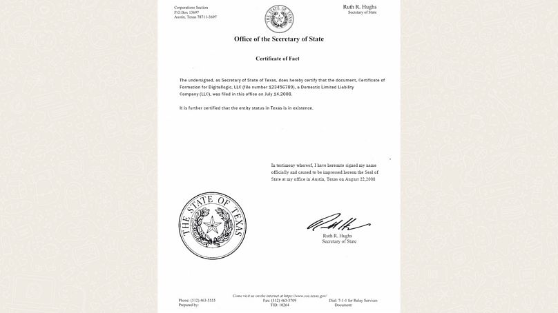 El certificado de hecho falso de Digital Logic indicó el número de archivo 123456789 y la apertura en Texas el 14 de julio de 2008.