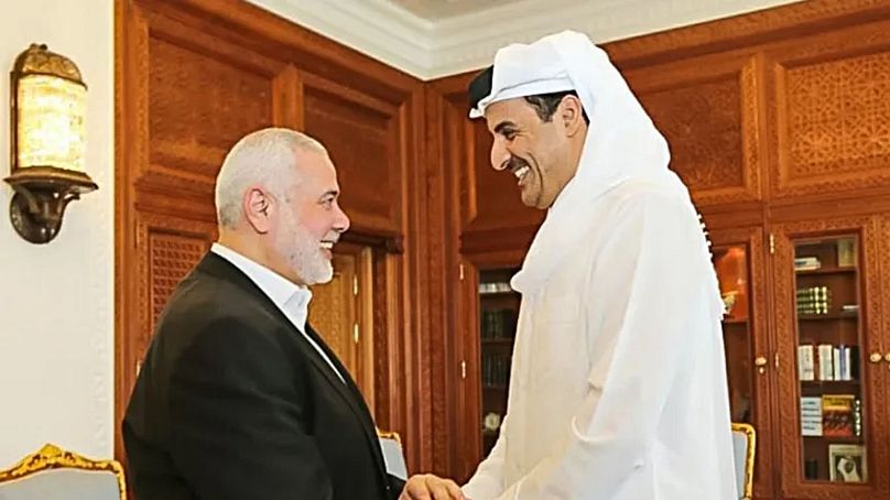 Iszmail Hanijeh Hamász vezető és Tamím bin Hamád al-Tání sejk, Katar emírje