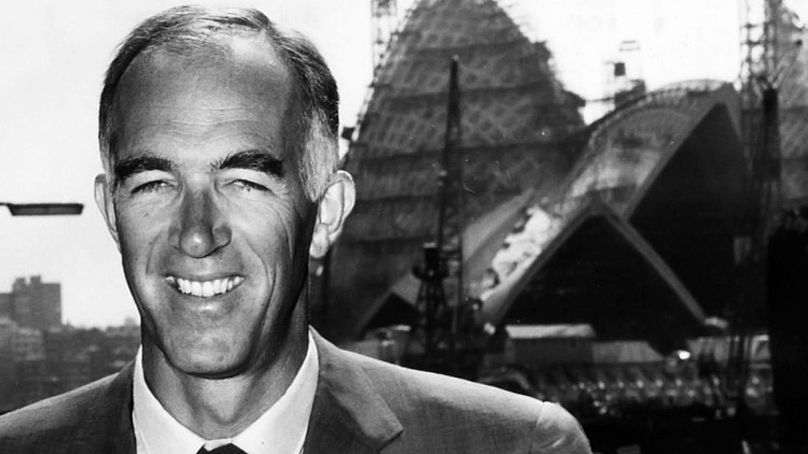 Jørn Utzon in front of the Sydney Opera House during construction, 1965.