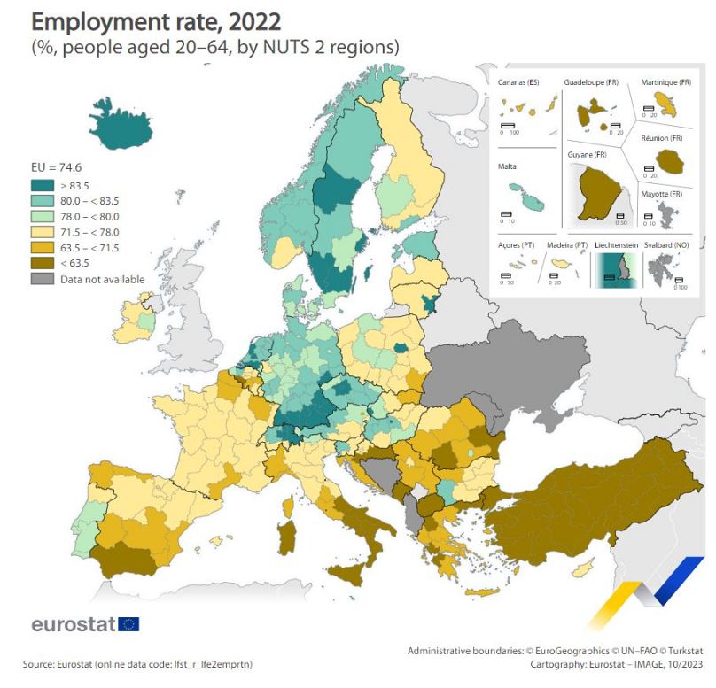 Employment rate, NUTS 2 regions, 2022.