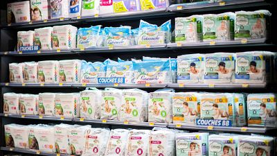 Diapers shown in a French pharmacy