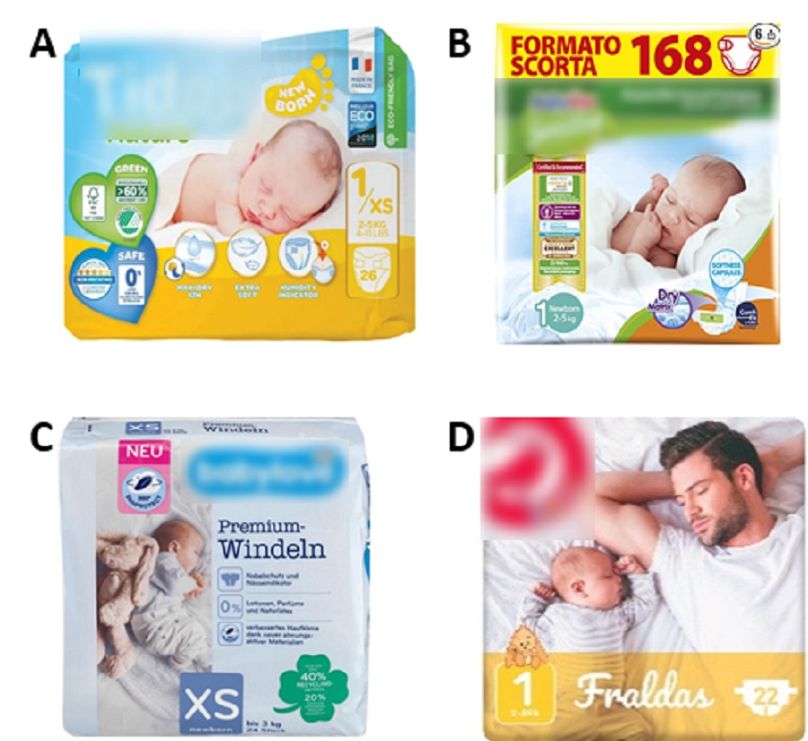 Examples of nappy packaging with concerning images.