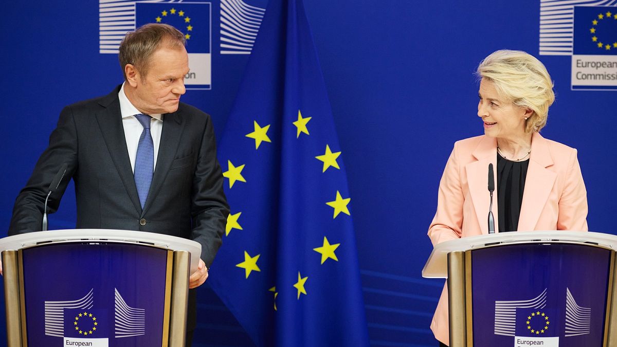 Il leader dell'opposizione polacca Donald Tusk (a sinistra) ha incontrato la Presidente della Commissione europea Ursula von der Leyen (a destra) a Bruxelles mercoledì mattina.
