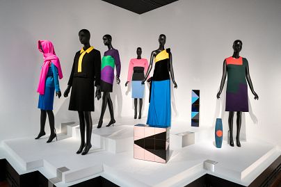 Clothes displayed during the "FORMES" exhibition at the Yves Saint Laurent museum in Paris, on June 8.