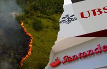 On the left, smoke from illegal fires lit by farmers rises in Manaquiri, Amazonas state - on the right, the logo of Swiss bank UBS and the logo of Spanish bank Santander