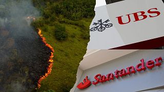 On the left, smoke from illegal fires lit by farmers rises in Manaquiri, Amazonas state - on the right, the logo of Swiss bank UBS and the logo of Spanish bank Santander