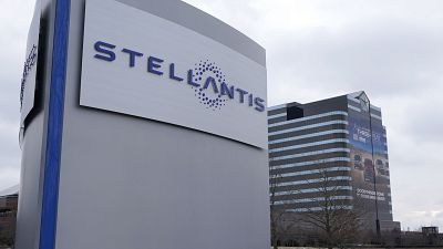 This photo shows the Stellantis sign outside the Chrysler Technology Center in Auburn Hills, Mich, on Jan. 19, 2021.