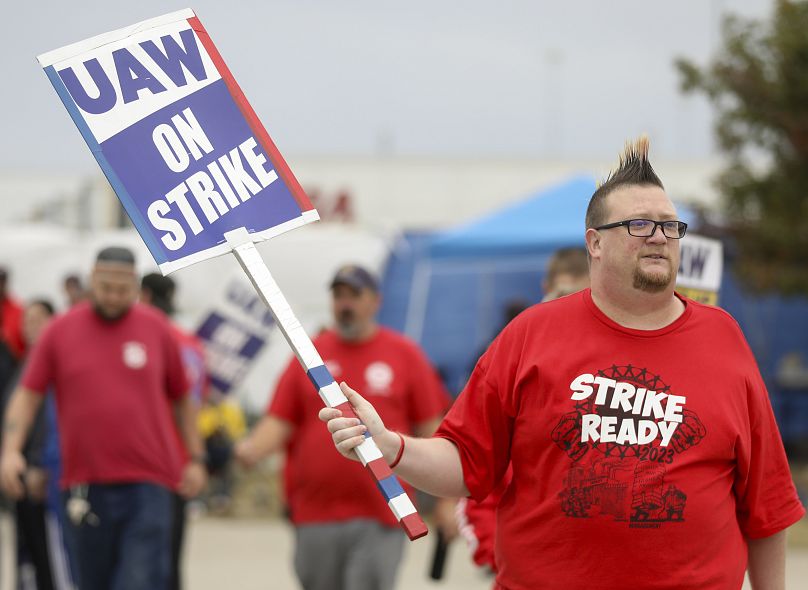Brian "Rooster" Heppner, a United Auto Workers Local 12 member, pickets during the ongoing UAW strike at the Stellantis Toledo Assembly Complex on Wednesday, Oct. 25, 2023.